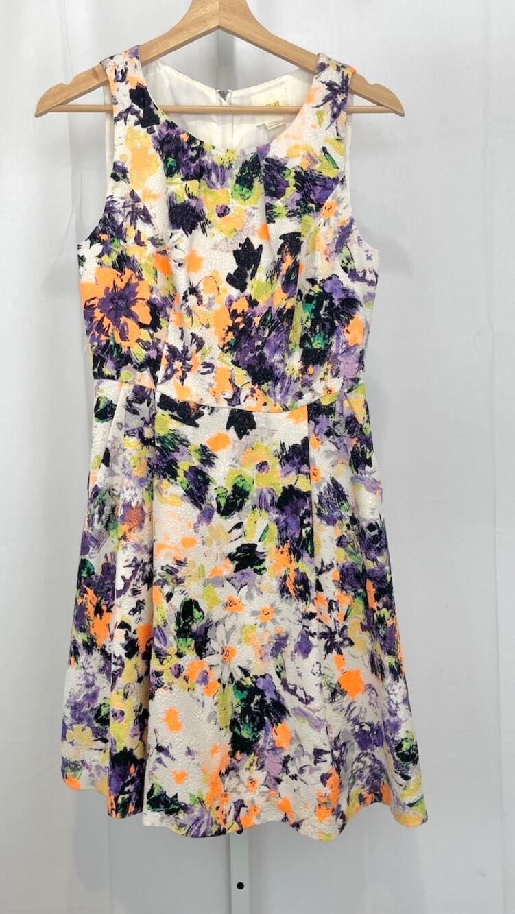 MAEVE Anthropologie Neon Floral Fit Flare Dress Sleeveless Pockets Multicolor 2